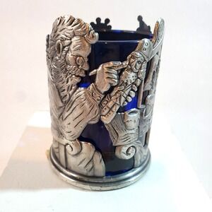 ROC Pewter Santa Christmas Votive Candle Holder w/Cobalt Glass Liner 3" Taiwan